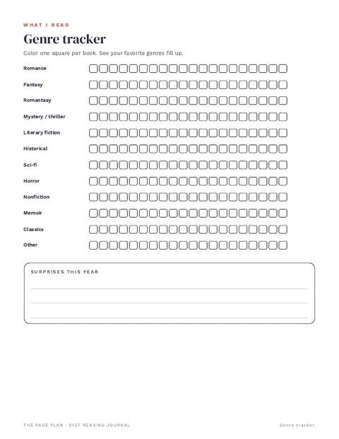 Genre tracker page from the 2027 Reading Journal